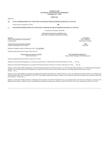 Thumbnail Provident Financial Holdings 10-K Annual Report 2012