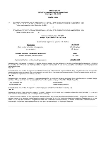 Thumbnail First Northwest Bancorp 10-Q Quarterly Report FY2015 