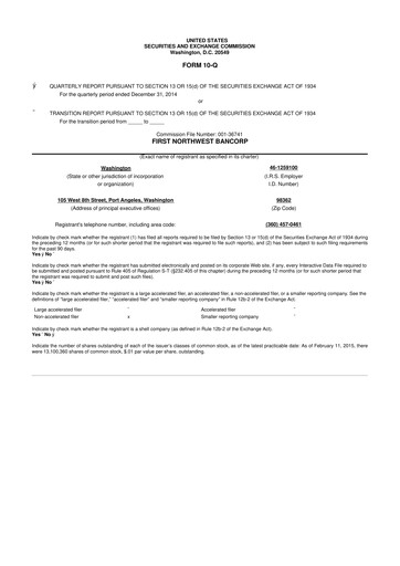 Thumbnail First Northwest Bancorp 10-Q Quarterly Report FY2015 