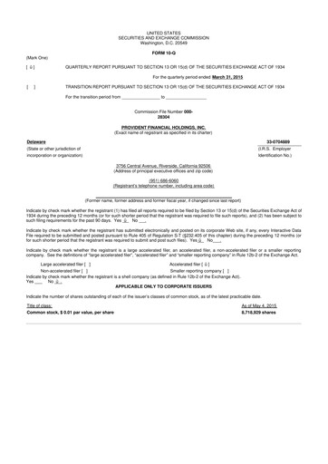 Miniature Provident Financial Holdings 10-Q Rapport trimestriel 2015 