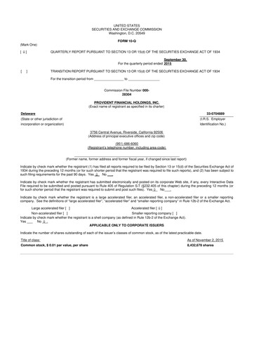 Miniature Provident Financial Holdings 10-Q Rapport trimestriel 2016 