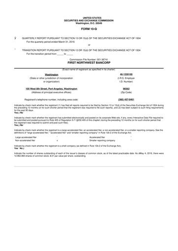 Thumbnail First Northwest Bancorp 10-Q Quarterly Report FY2016 