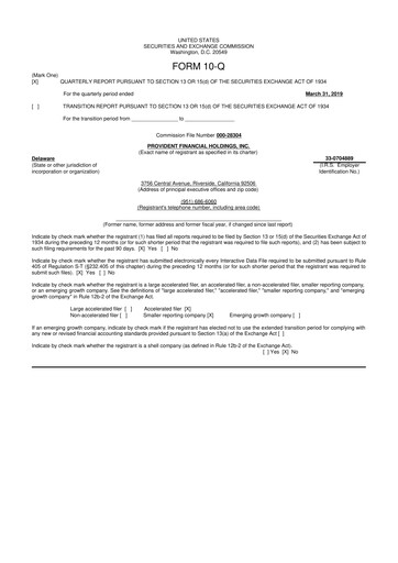 Miniature Provident Financial Holdings 10-Q Rapport trimestriel 2019 