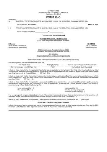 Miniature Provident Financial Holdings 10-Q Rapport trimestriel 2020 
