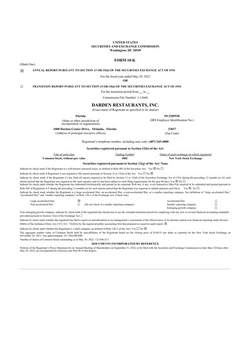 Thumbnail Darden Restaurants
 10-K Annual Report 2022