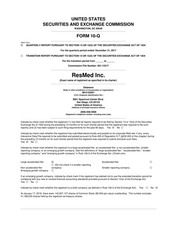 Thumbnail ResMed 10-Q Quarterly Report FY2018 