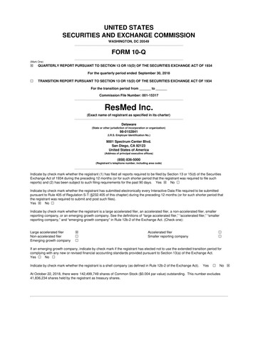 Thumbnail ResMed 10-Q Quarterly Report FY2019 