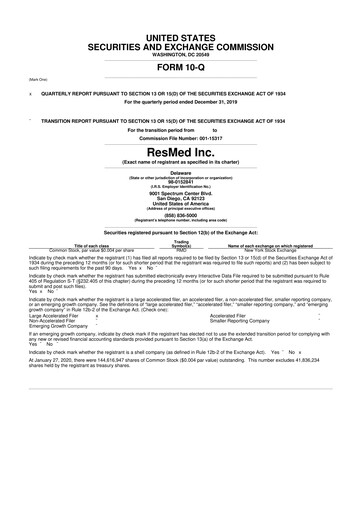 Thumbnail ResMed 10-Q Quarterly Report FY2020 