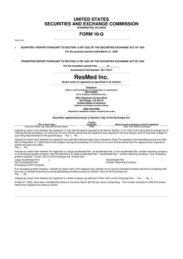 Thumbnail ResMed 10-Q Quarterly Report FY2020 