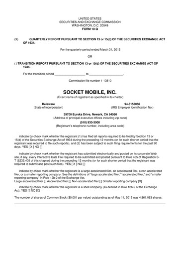 Miniature Socket Mobile 10-Q Rapport trimestriel 2012 