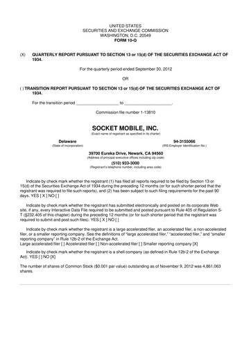 Miniature Socket Mobile 10-Q Rapport trimestriel 2012 
