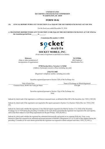 Thumbnail Socket Mobile 10-K Annual Report 2014