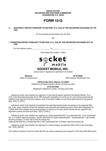 Miniature Socket Mobile 10-Q Rapport trimestriel 2016 