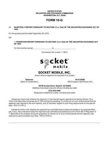 Miniature Socket Mobile 10-Q Rapport trimestriel 2016 