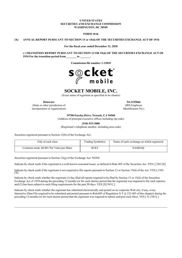 Thumbnail Socket Mobile 10-K Annual Report 2020