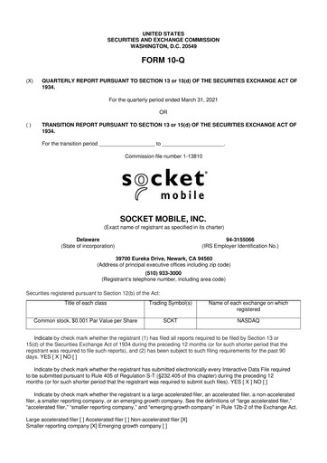 Miniature Socket Mobile 10-Q Rapport trimestriel 2021 
