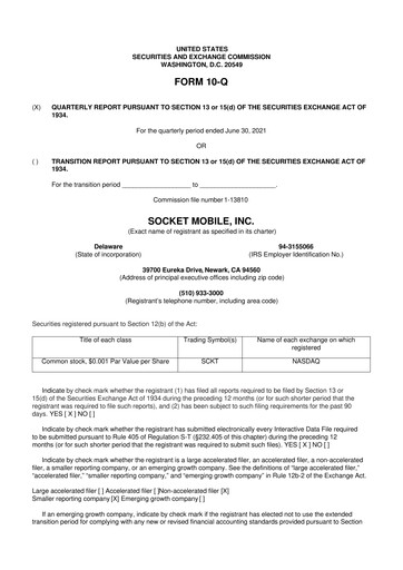 Miniature Socket Mobile 10-Q Rapport trimestriel 2021 