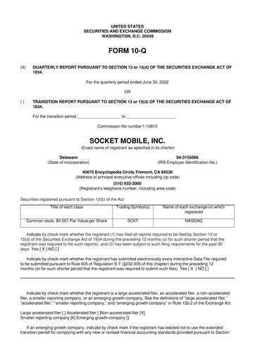 Miniature Socket Mobile 10-Q Rapport trimestriel 2022 