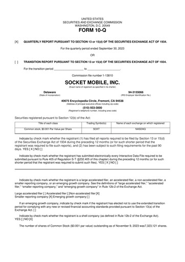 Miniature Socket Mobile 10-Q Rapport trimestriel 2023 