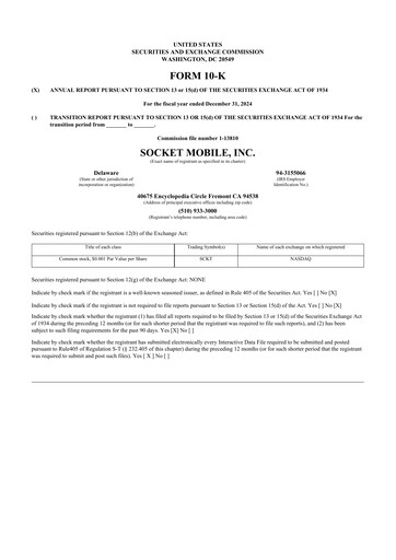 Thumbnail Socket Mobile 10-K Annual Report 2024
