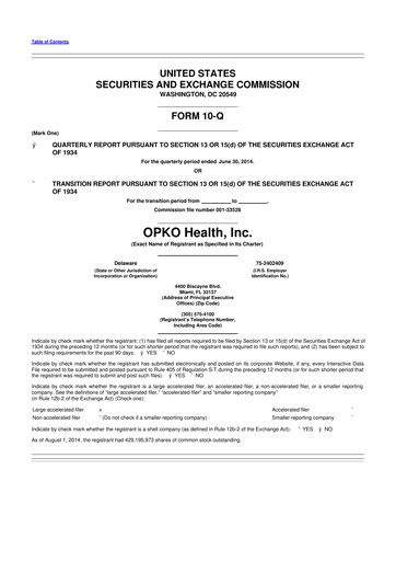 Miniature OPKO Health
 10-Q Rapport trimestriel 2014 