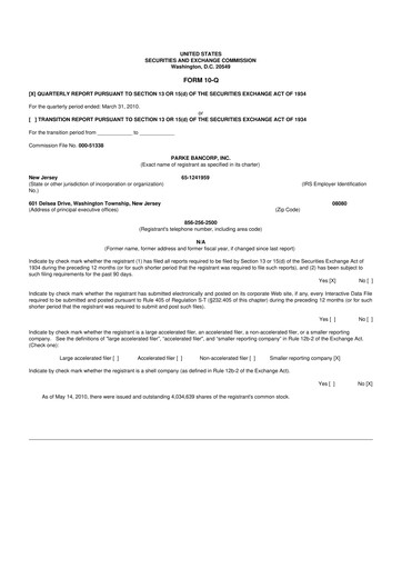 Thumbnail Parke Bancorp 10-Q Quarterly Report FY 