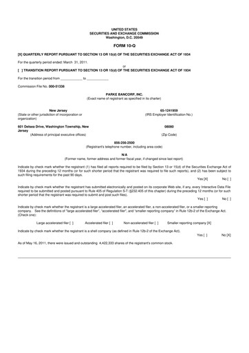 Thumbnail Parke Bancorp 10-Q Quarterly Report FY 