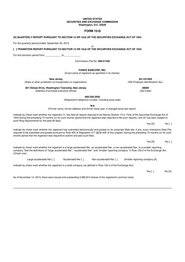 Thumbnail Parke Bancorp 10-Q Quarterly Report FY2013 