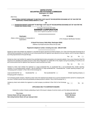 Thumbnail Banner Bank
 10-Q Quarterly Report FY2018 