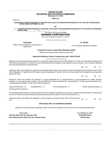 Thumbnail Banner Bank
 10-Q Quarterly Report FY2018 