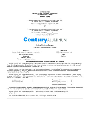 Thumbnail Century Aluminum
 10-Q Quarterly Report FY2018 