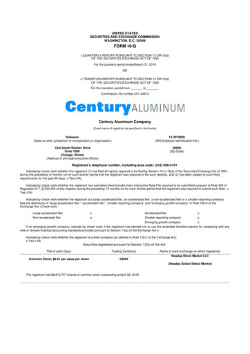 Thumbnail Century Aluminum
 10-Q Quarterly Report FY2019 