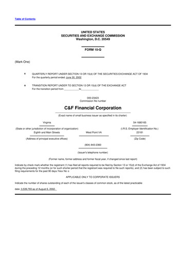 Thumbnail C&F Financial Corporation

 10-Q Quarterly Report FY 