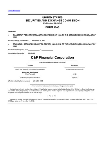 Thumbnail C&F Financial Corporation

 10-Q Quarterly Report FY 