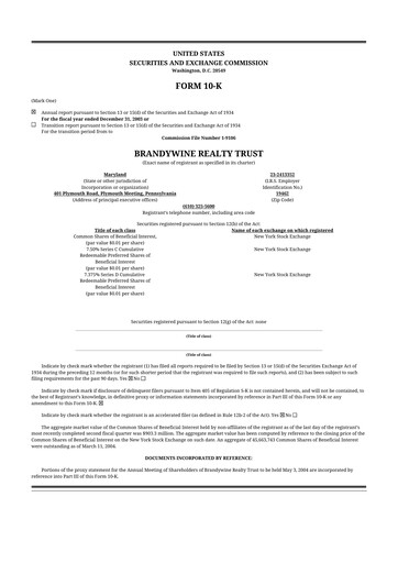 Thumbnail Brandywine Realty Trust
 10-K Annual Report 