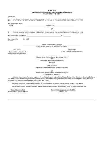 Thumbnail Becton Dickinson 10-Q Quarterly Report FY 