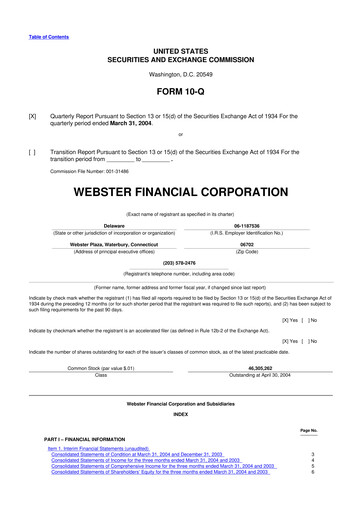 Thumbnail Webster Financial 10-Q Quarterly Report FY 