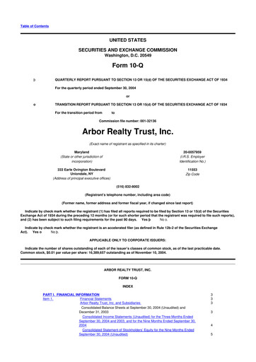 Thumbnail Arbor Realty Trust
 10-Q Quarterly Report FY 