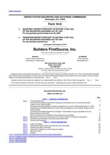Thumbnail Builders FirstSource
 10-Q Quarterly Report FY 