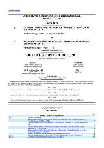 Thumbnail Builders FirstSource
 10-Q Quarterly Report FY 
