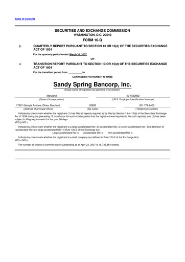 Miniature Sandy Spring Bank 10-Q Rapport trimestriel  