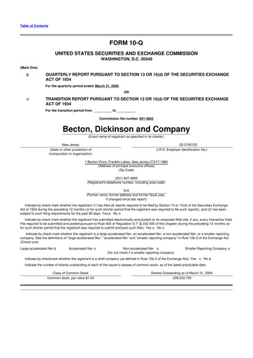 Thumbnail Becton Dickinson 10-Q Quarterly Report FY 