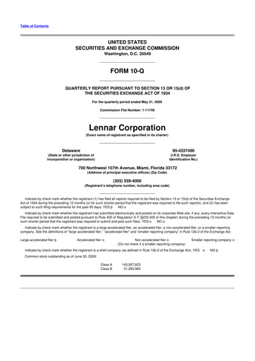 Thumbnail Lennar 10-Q Quarterly Report FY 