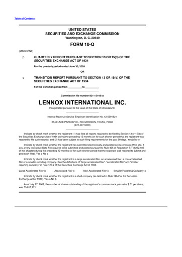 Thumbnail Lennox 10-Q Quarterly Report FY 