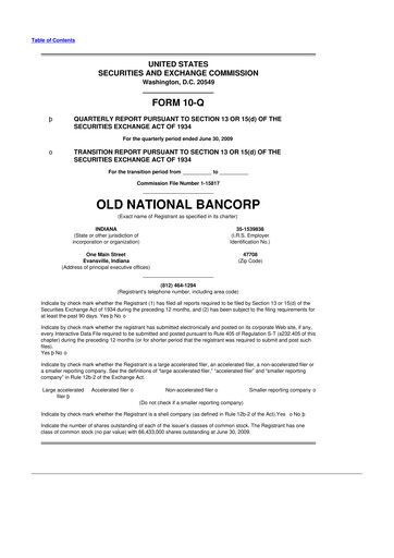Miniature Old National Bank
 10-Q Rapport trimestriel  