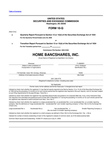 Thumbnail Home BancShares
 10-Q Quarterly Report FY 