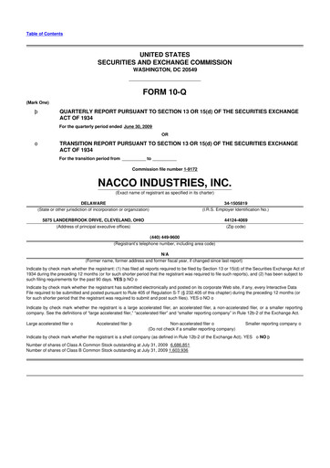 Miniature NACCO Industries
 10-Q Rapport trimestriel  