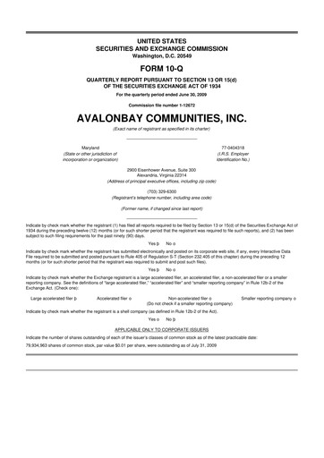 Thumbnail AvalonBay Communities 10-Q Quarterly Report FY 