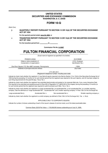 Thumbnail Fulton Financial 10-Q Quarterly Report FY 