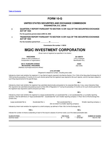 Thumbnail MGIC Investment
 10-Q Quarterly Report FY 
